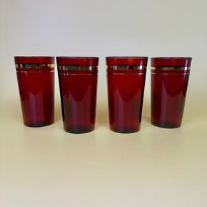Vintage Ruby Red Glass Tumblers with Gold Design – Set of 4